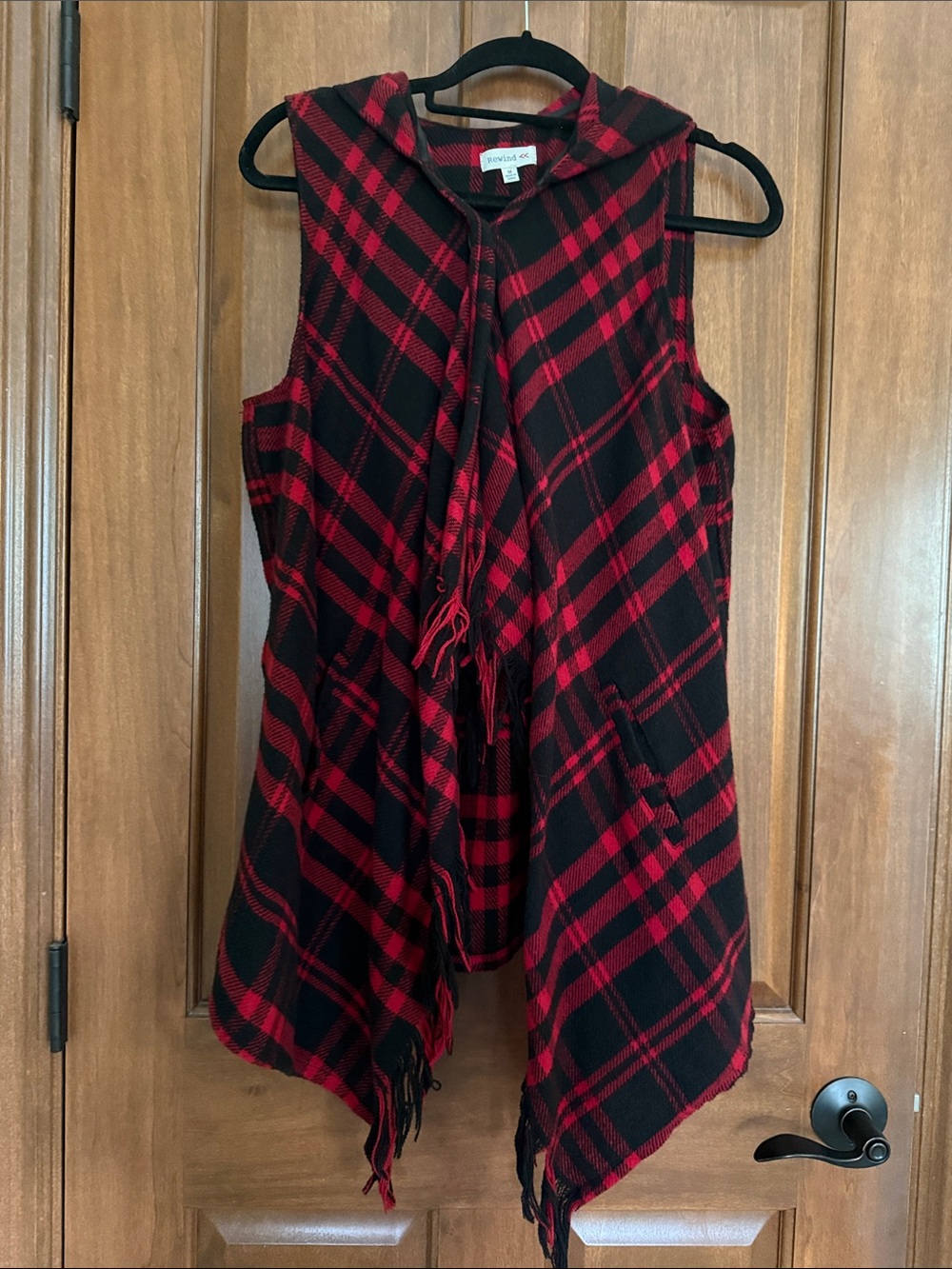 Rewind Red and Black Plaid Hooded Sleeveless Tunic with Hood